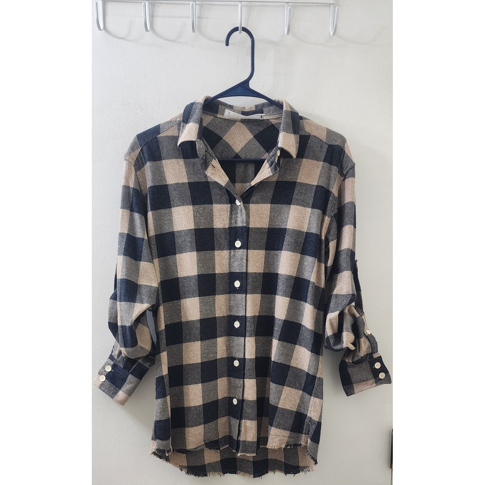IRO Jeans Donella Plaid Flannel Shirt Tan Navy‎ Blue Frayed Hem Small